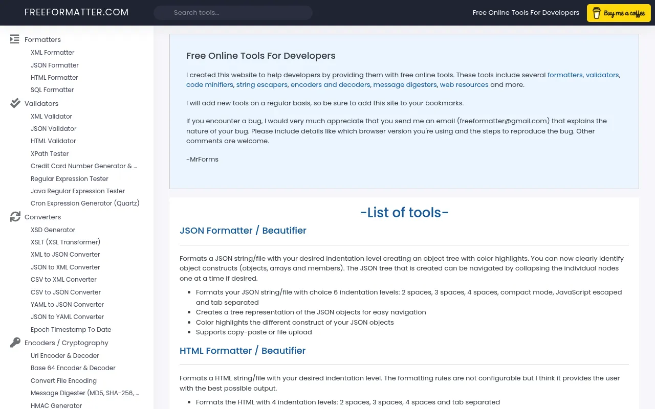 FreeFormatter.com screenshot
