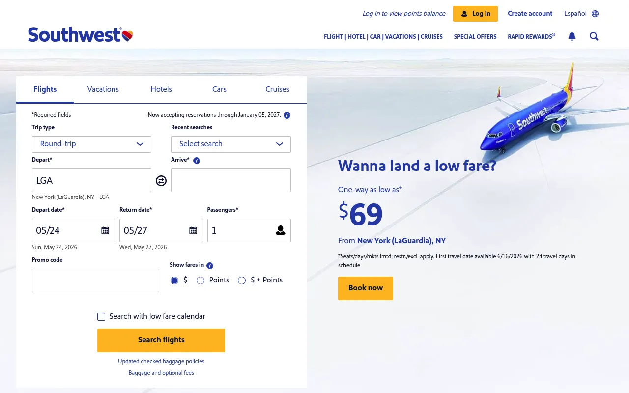 Southwest Airlines screenshot