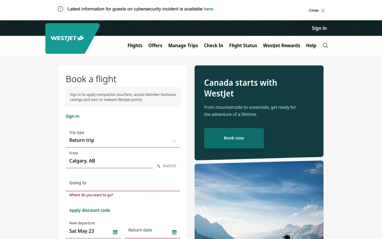 WestJet screenshot